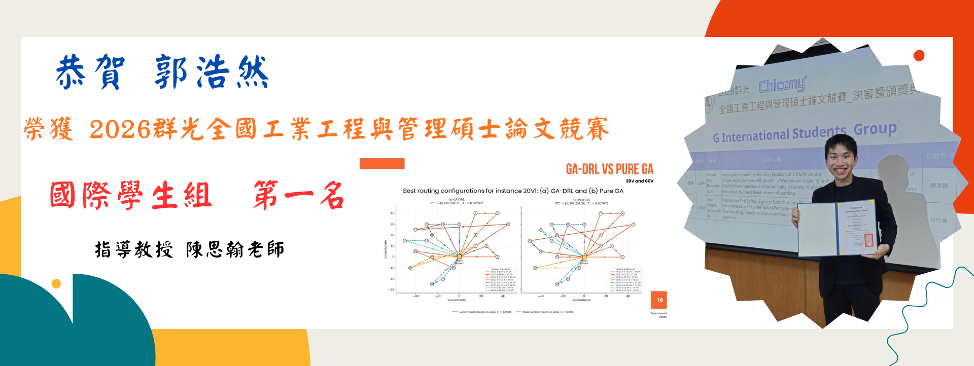 恭賀！工管系陳思翰老師指導郭浩然同學，參加「2026群光全國工業工程與管理碩士論文競賽國際學生組」，榮獲第一名